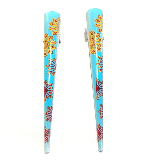 Updo Hair Clips Set of 2 Blue With Yellow Red Peacock Print - Picture 2 of 5